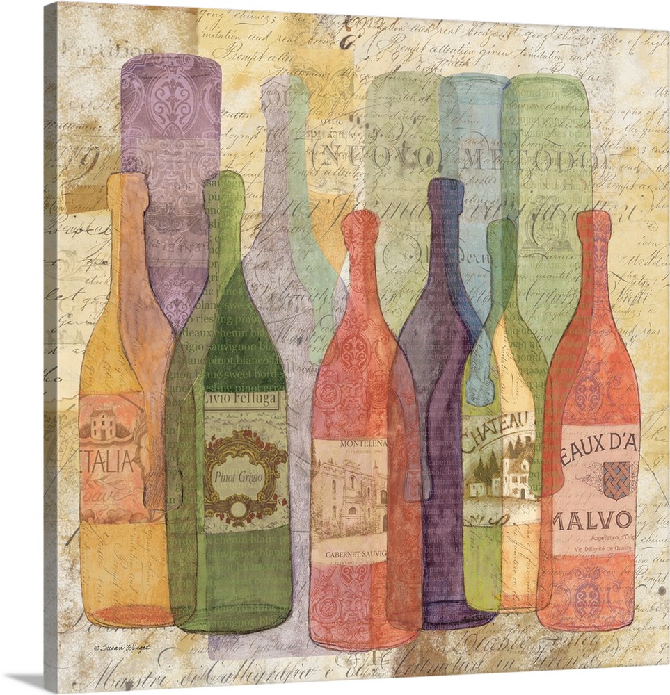 An elegant abstract wine bottle scene captures all the color of wine.