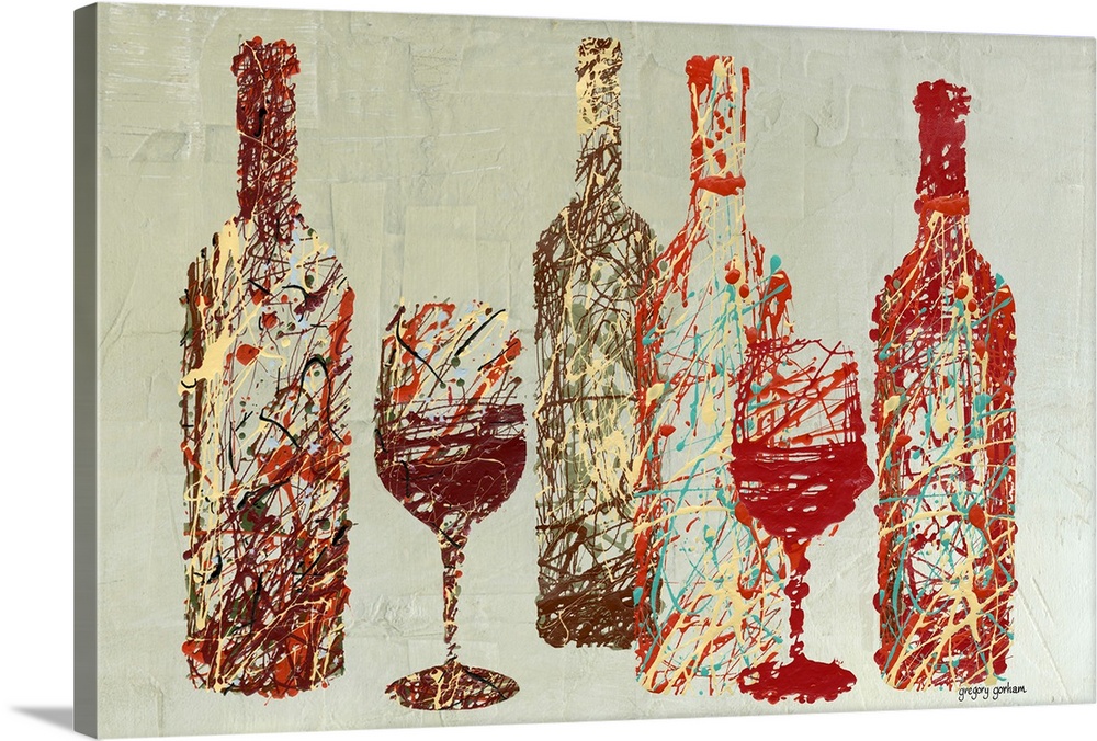Contemporary, abstract interpretation of wine bottles and glasses.