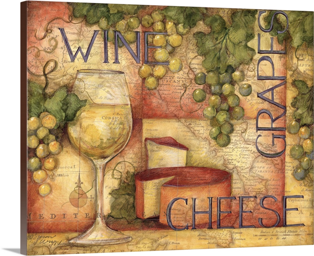 Mixed media artwork of a glass of wine, cheese wedge and grapes overlain with map and the text "Wine, Grape, and Cheese."