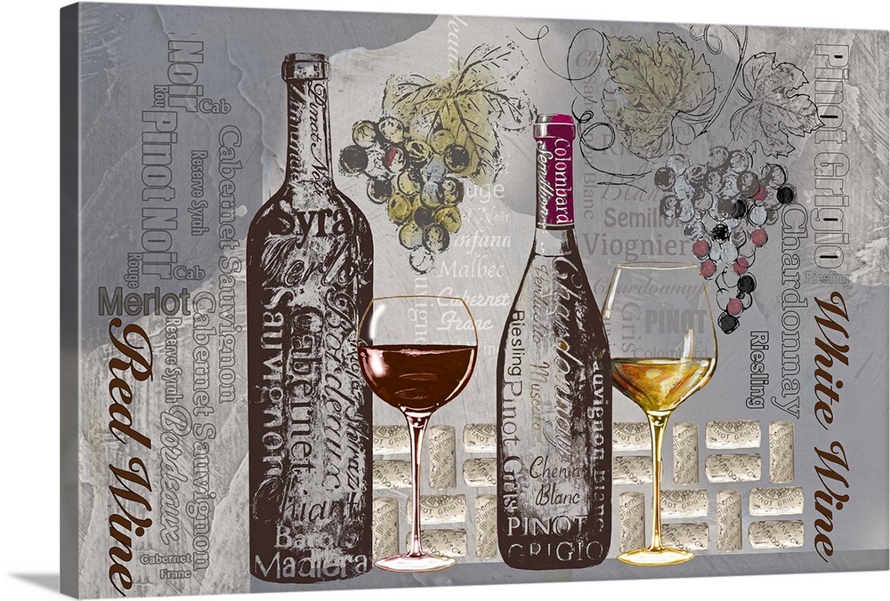 Strikingly tonal art with a variety of red and white wines references.