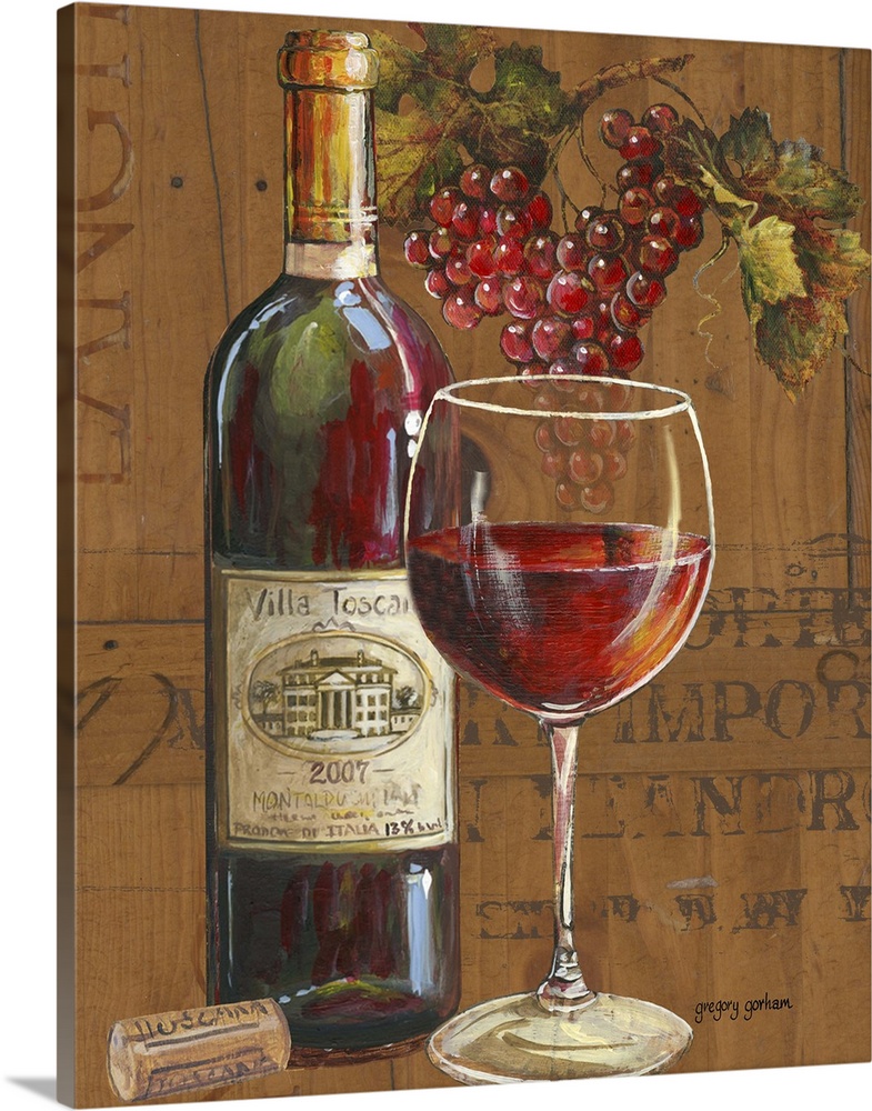 Classic wine motif adds an oaken touch to a dining room kitchen or study.