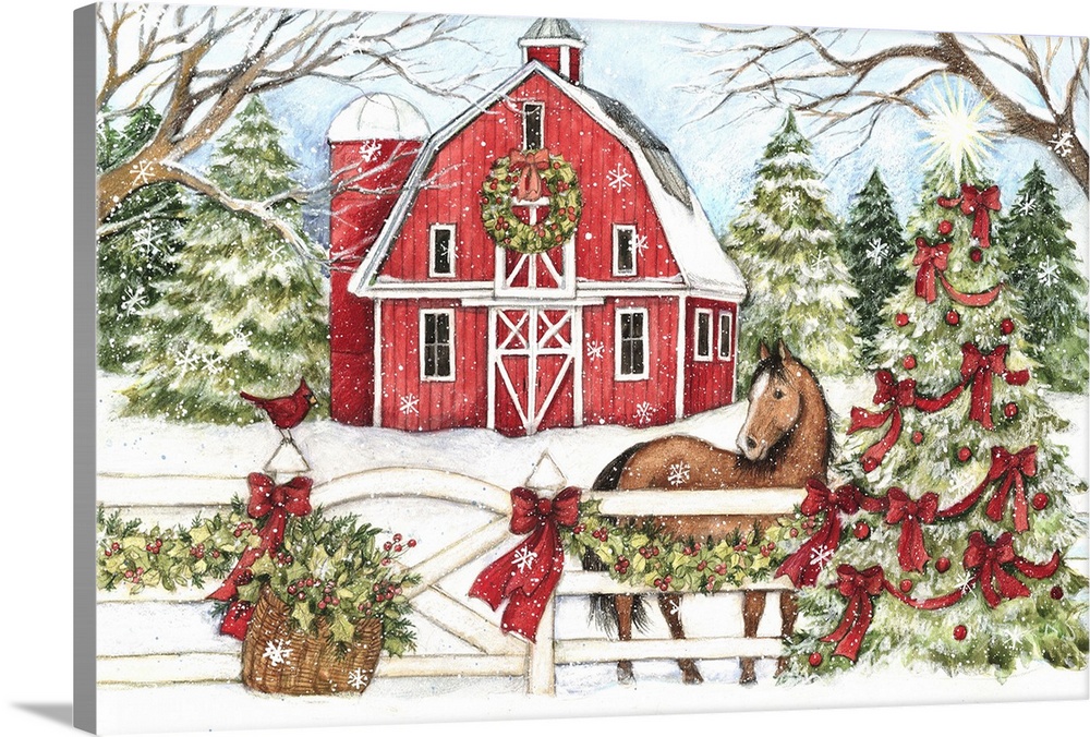 This winter barn scene with horse evokes a country Christmas.