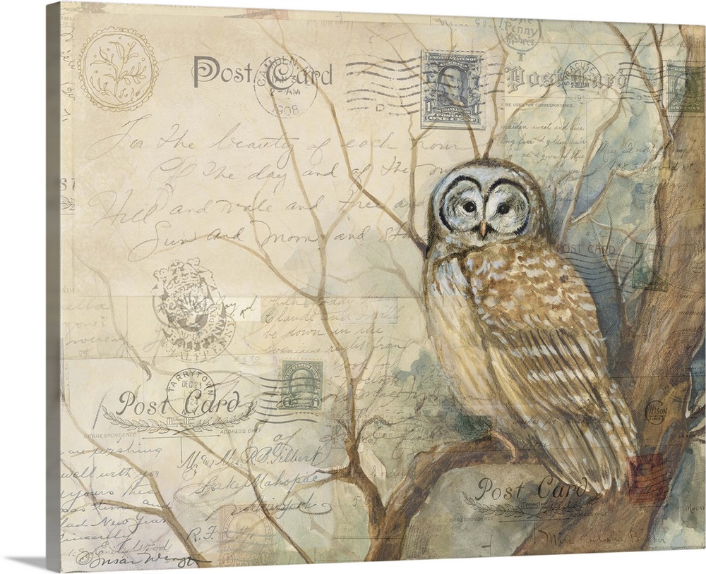 Botanical nature scene features the wise old owlgreat for den, study, bedroom, home decor
