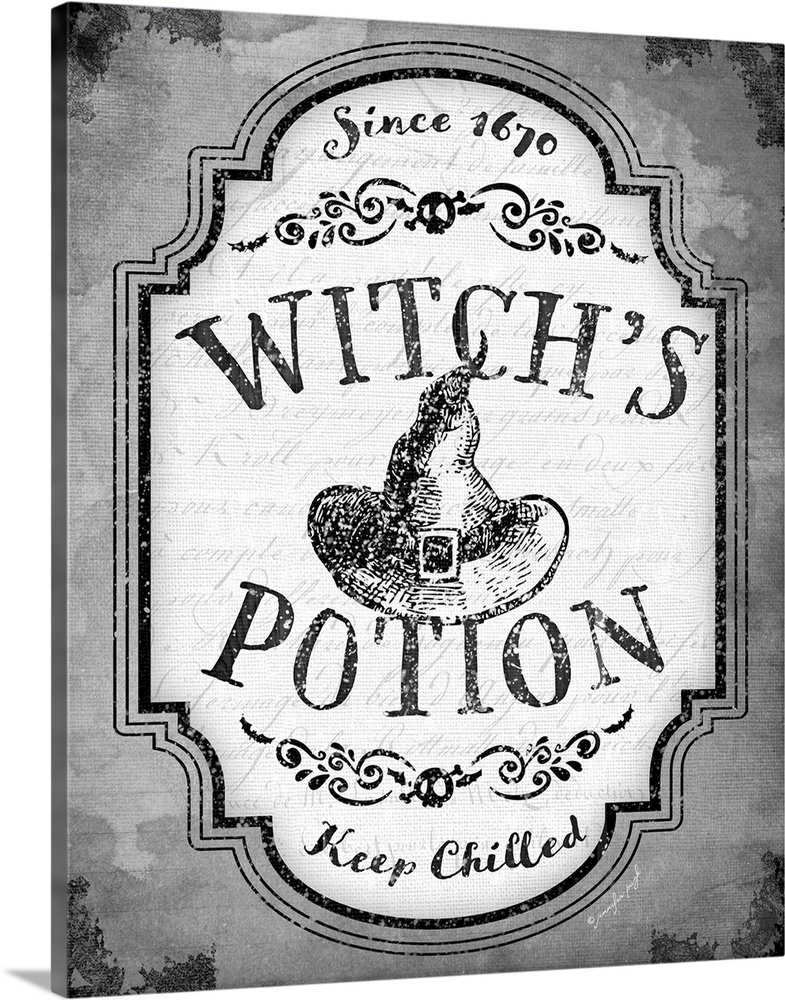 Vintage style Halloween themed product label for a spooky ingredient in black and white.