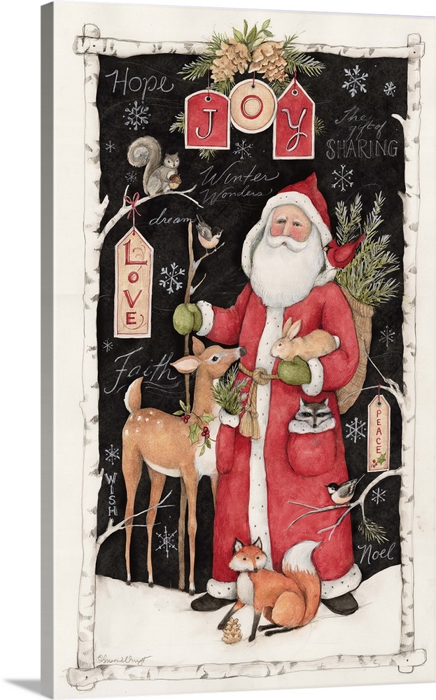 Old St. Nick is surrounded by critters in this woodland scene.