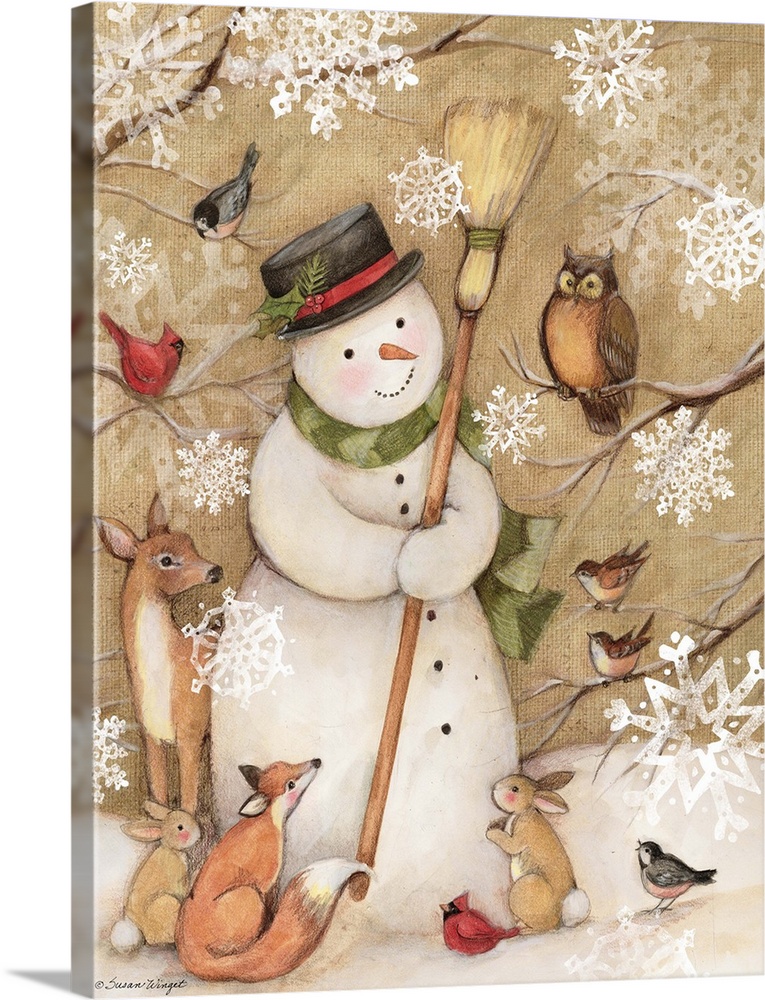 A classic snowman makes friends with his woodland critters!