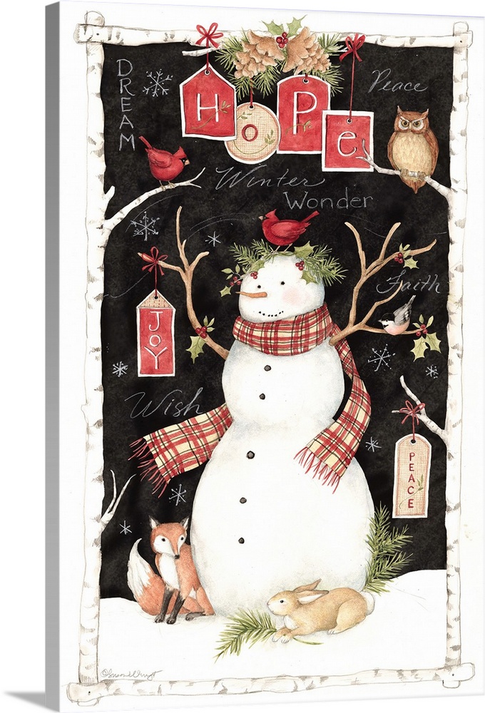 A classic snowman is surrounded by critters in this woodland scene.