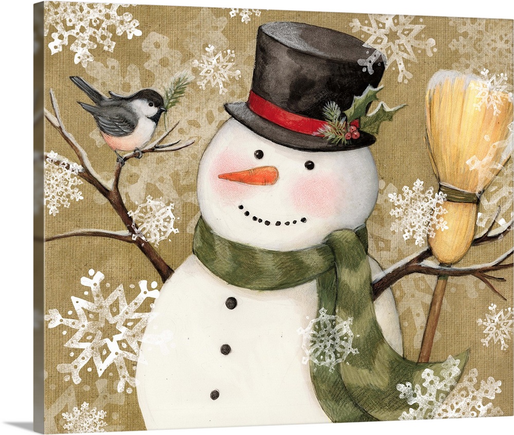 A classic snowman makes friends with a visiting bird!