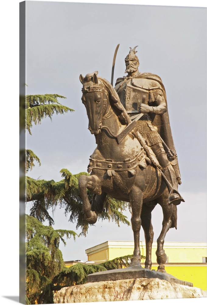 The statue of the 15th century warrior and national hero Skanderburg Skanderbeg on a huge stone socle. The Tirana Main Cen...