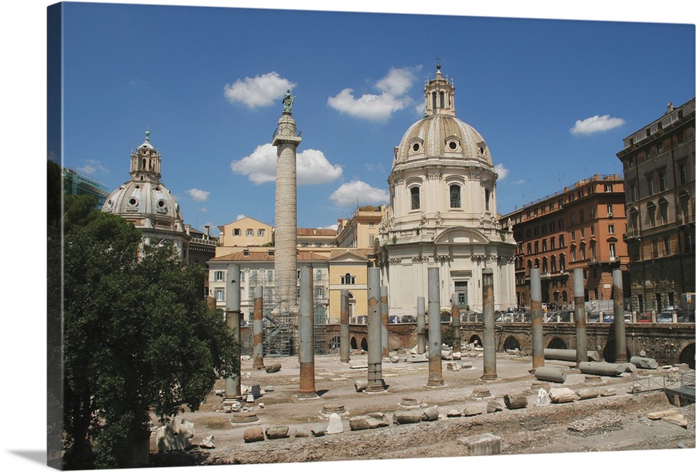 Italy. Rome. Forum of Trajan.  Trajan's Column, ruins of Basilica Ulpia and Church of Santo Apostolli.