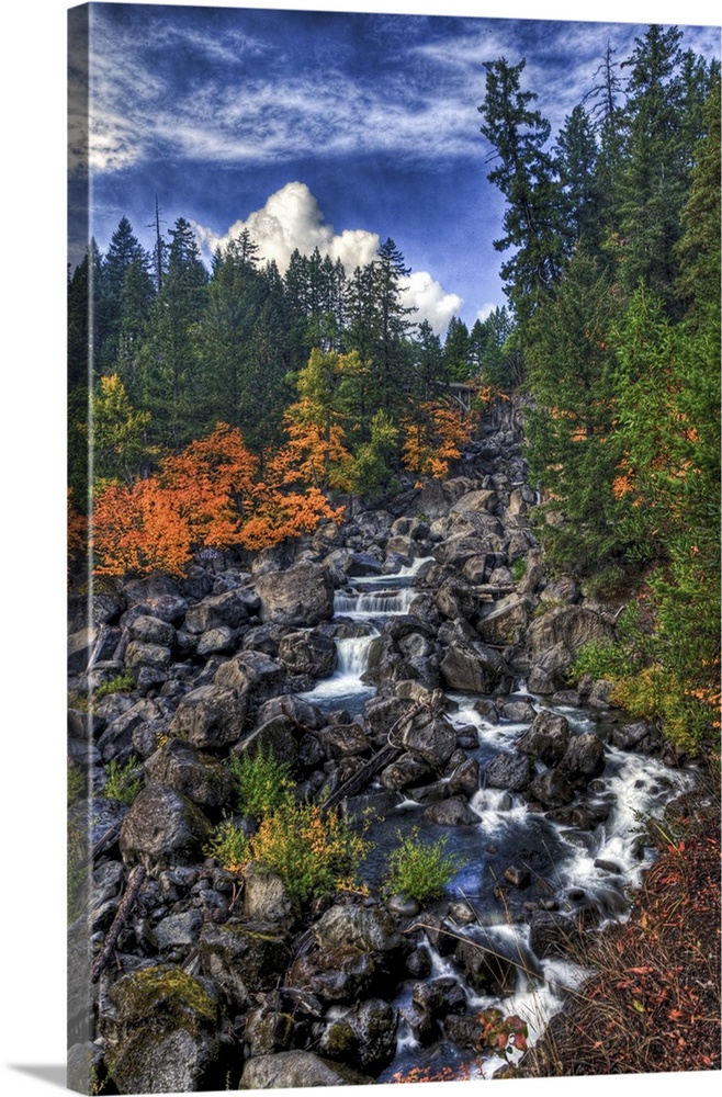 A fall scene of flowing water along the Empqua River in Steamboat, Oregon.