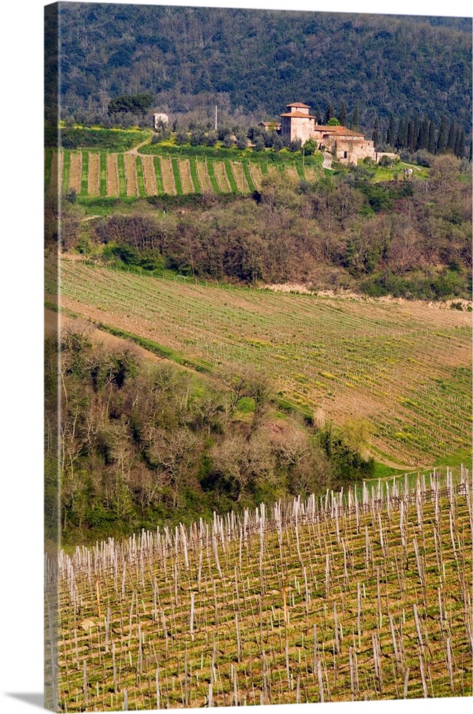 A grand stone winery stands above rolling vineyards, Chianti, Tuscany, Italy.