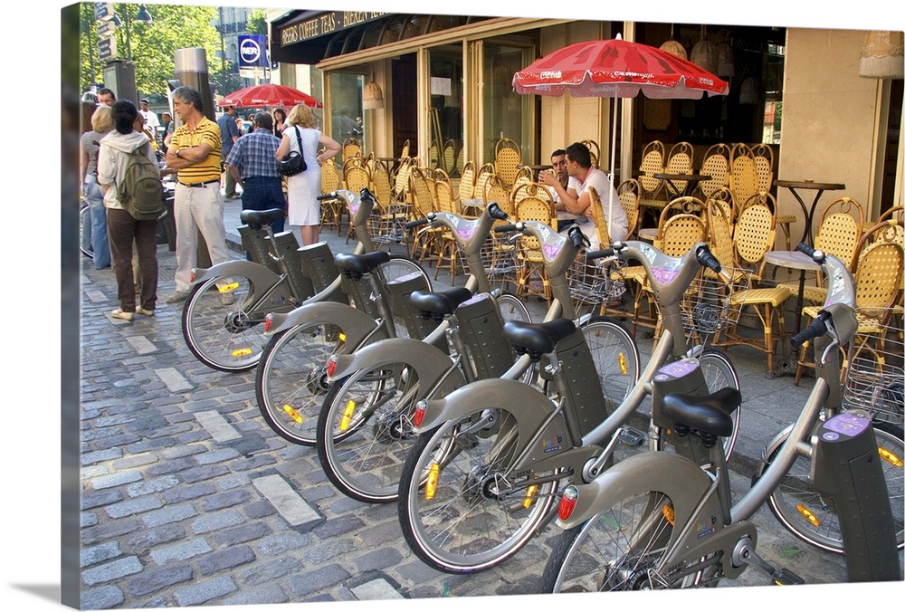 A rack of rental bicycles are part of the Velib, a bike transit system in Paris, France.