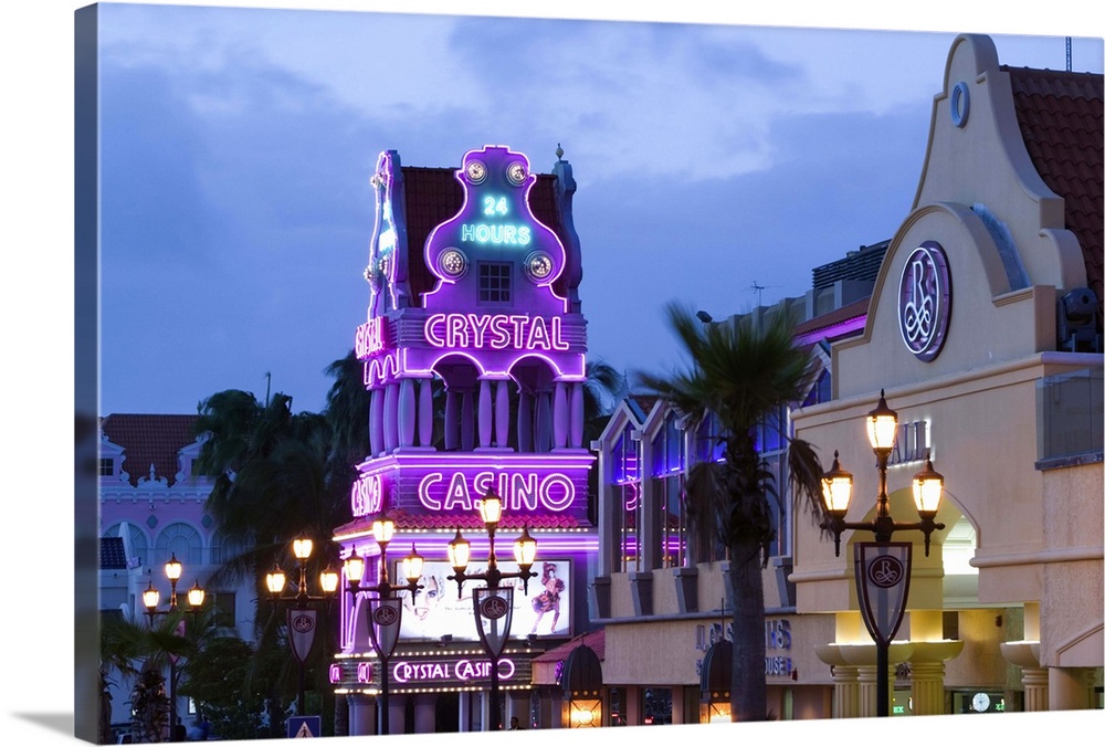 ABC Islands-ARUBA-Oranjestad:.Sign for the Crystal Casino on LG Smith Boulevard / Evening