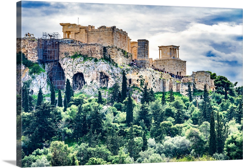 Acropolis, green trees, hill from Agora Temple of Athena Nike Propylaea Athens Greece Construction ended in 432 BC