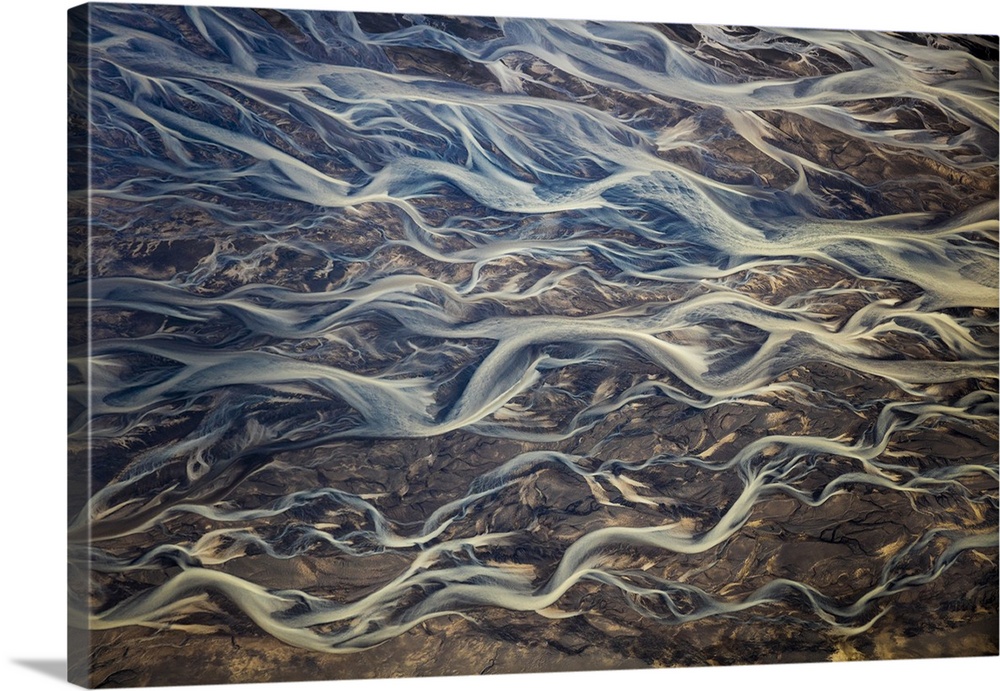 Aerial of braided rivers, Iceland.