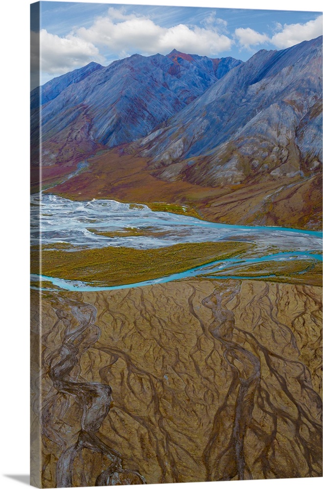 USA, Alaska, Brooks Range, Arctic National Wildlife Refuge. Aerial of mountains and Ivishak River.