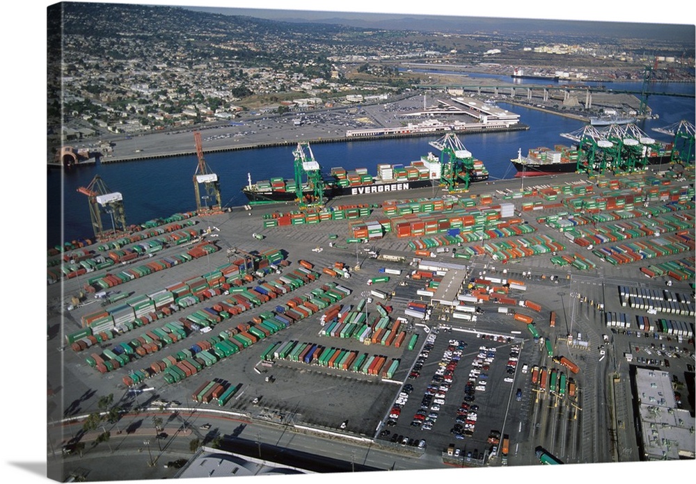 Aerial view of container yard with ships at Port of Long Beach, California.