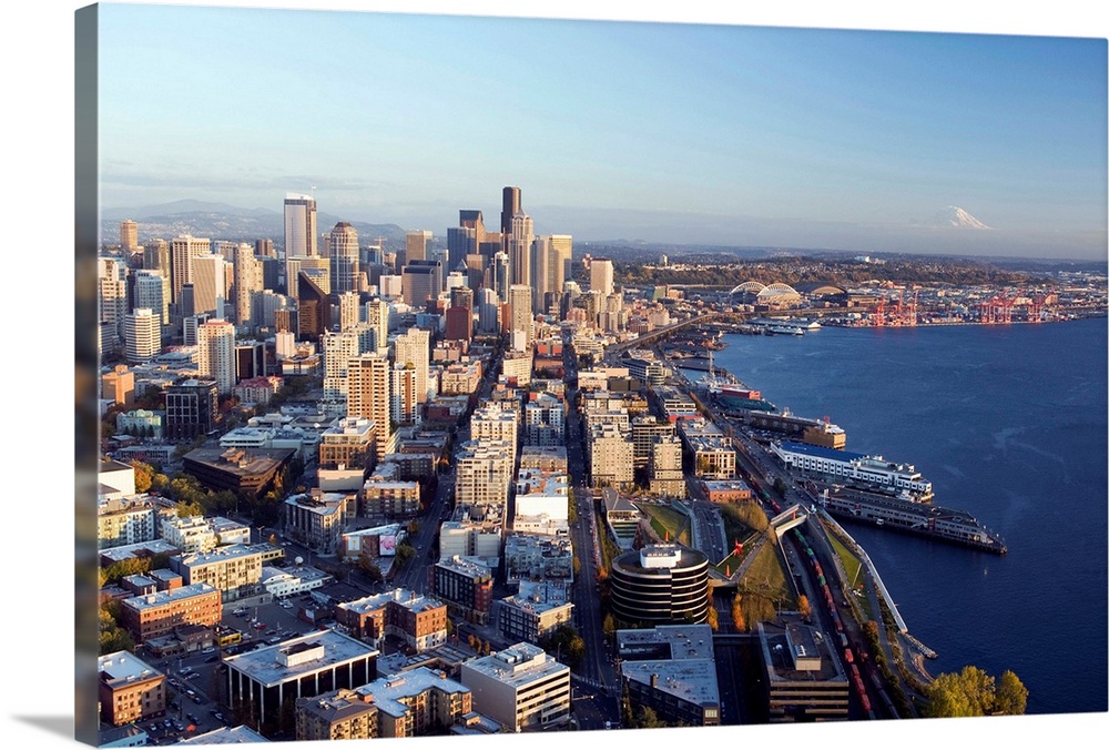 Aerial view of downtown Seattle and Elliott Bay, Seattle, Washington.