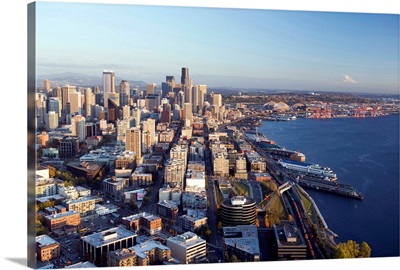 Aerial view of downtown Seattle and Elliott Bay, Washington