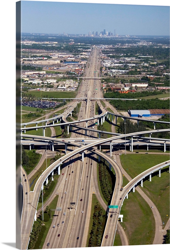 Aerial view of the freeway interchange of Interstate 45 and the State Highway Beltway 8 in Houston, Texas.