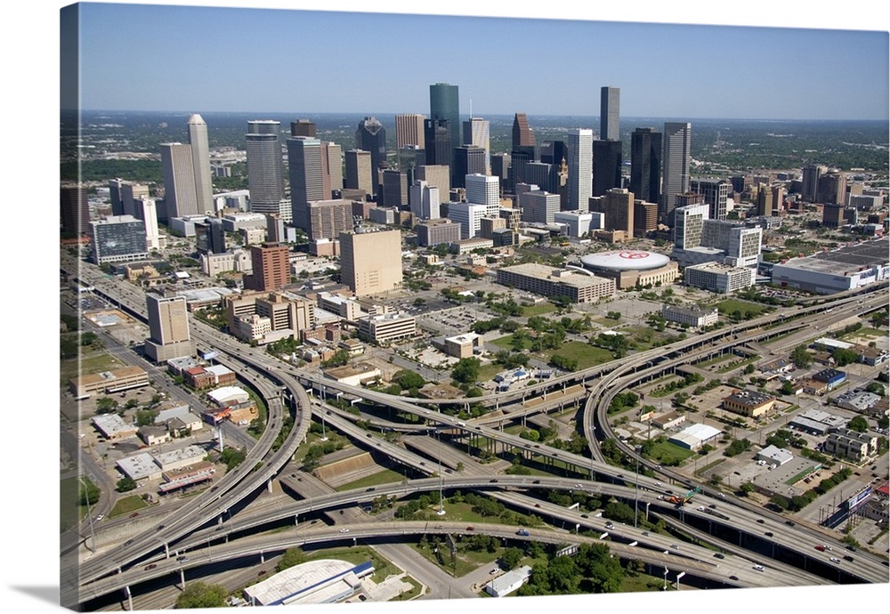 Aerial view of the freeway interchange of Interstate 45 and U.S. Highway 59 in the city of Houston, Texas.
