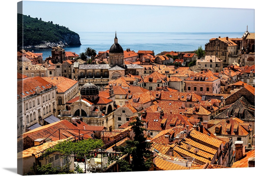 Dubrovnik, Croatia. Aerial view of the Old Town of Dubrovnik with Byzantine, Baroque churches, tiled roofs, and the Adriat...