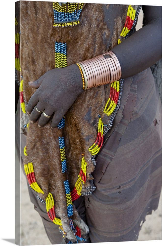 Africa, Ethiopia, Omo River Valley, South Omo, Hamer tribe.  Hamer woman dressed in beaded goatskin.