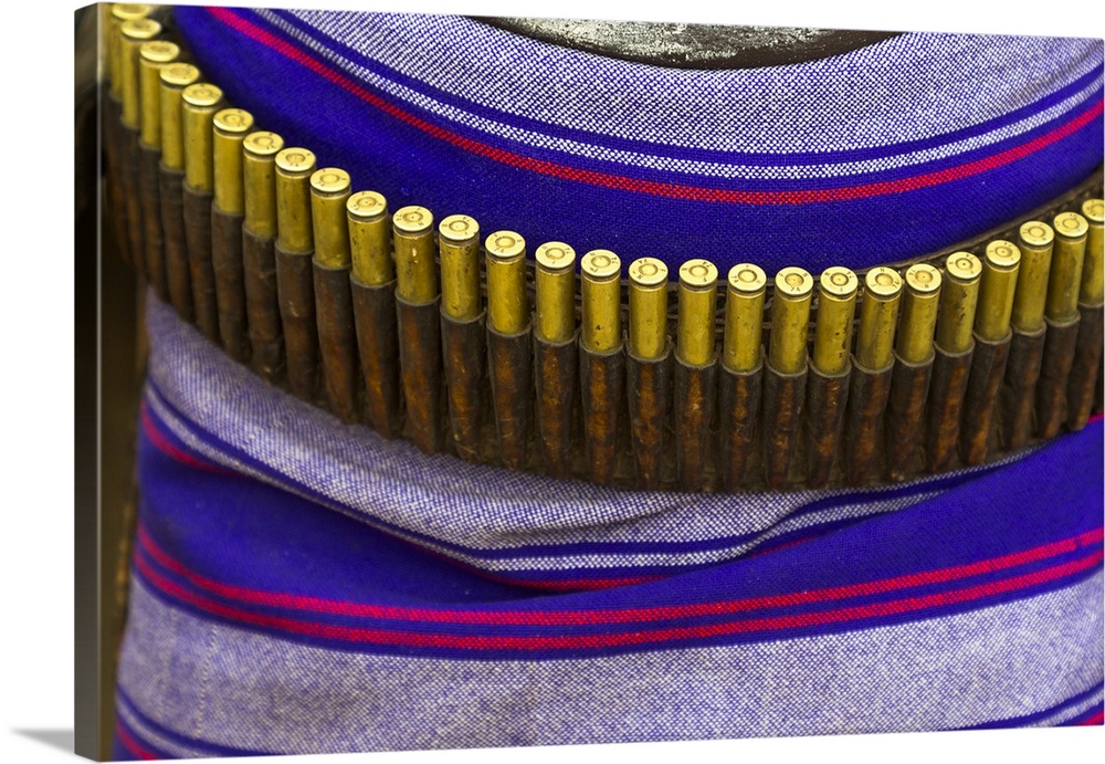 Africa, Ethiopia, Southern Omo, Karo Tribe.  Cartridge belt with cartridges worn by a Karo man.