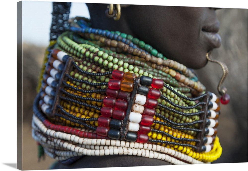 Africa, Ethiopia, Southern Omo Valley, Nyangaton Tribe.  Detail of a Nyangton woman's heavy bead necklace.