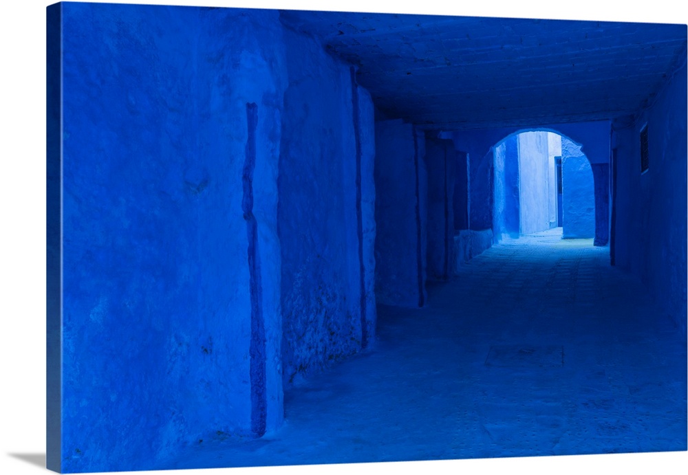 Africa, Morocco, Chefchaouen. Blue-painted alley. Credit: Bill Young