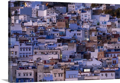 Africa, Morocco, Chefchaouen, Overview Of Town At Twilight