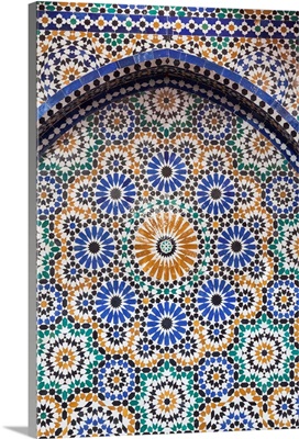 Africa, Morocco, Fes. A detail of a mosaic tiled fountain.