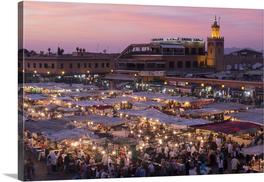 Africa, Morocco. Sunset over the famous Djemaa El-Fna square in Marrakech