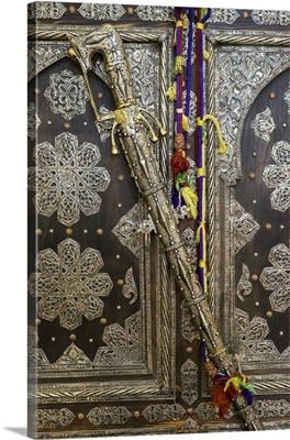 Africa, Morocco,. Tin decorated cabinet with tin sword sheath, Tinerhir.
