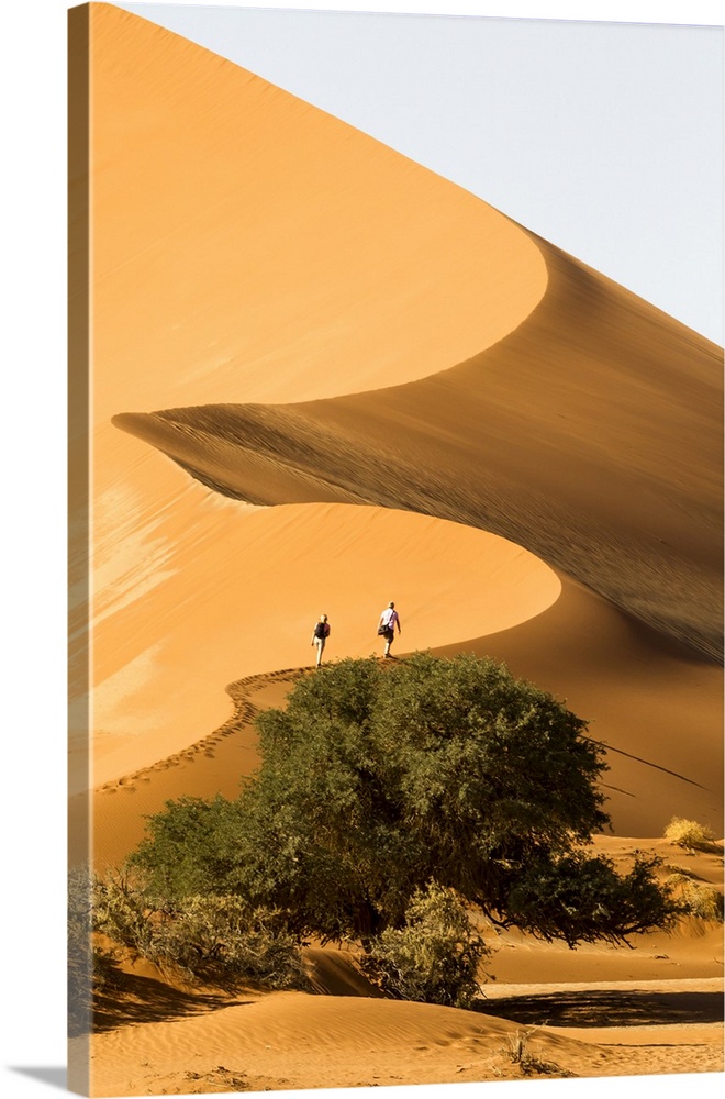 Africa, Namibia, Namib Desert, Namib-Naukluft National Park, Sossusvlei.  Two tourists climbing the scenic dune.