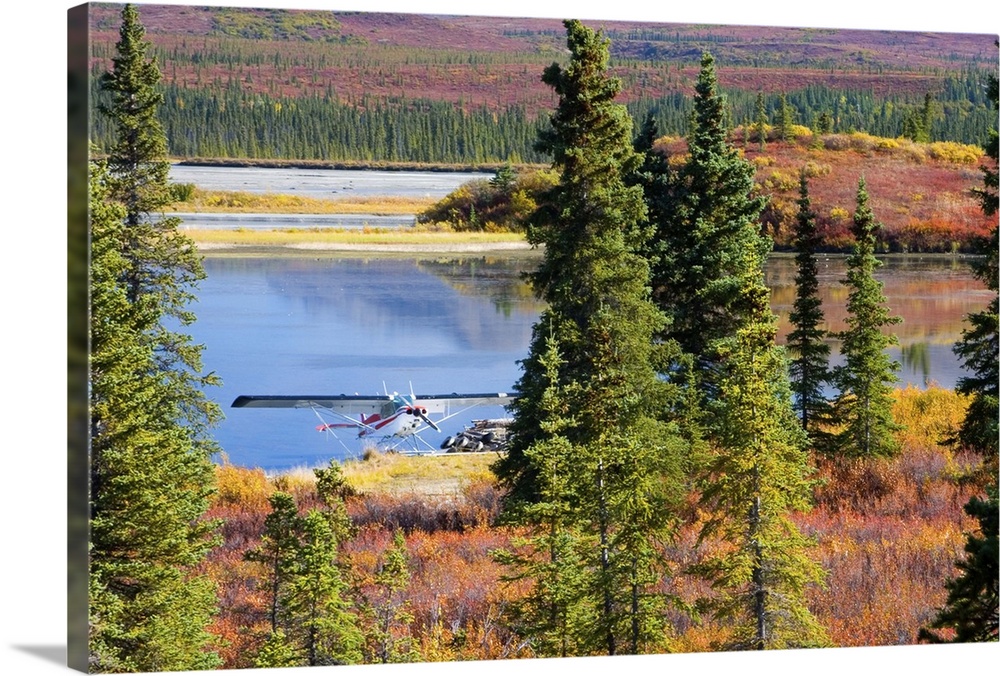 USA, Alaska. Float plane on a lake along the Denali Highway.