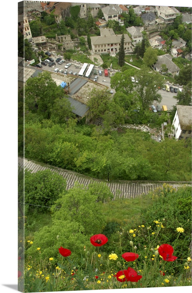 Europe, Albania, Gjirokastra. Well preserved Ottoman town aka The Stone City.  City overview from citadel. UNESCO World He...