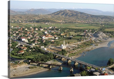 Albania, Shkodra, Landscape around the village with bridge over Drinit river