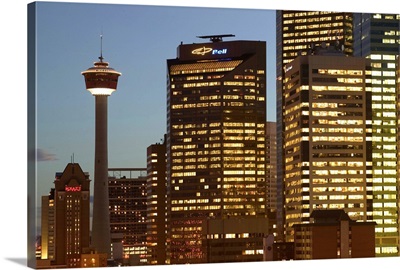 Alberta, Calgary, Downtown Calgary, Evening Calgary Tower and City