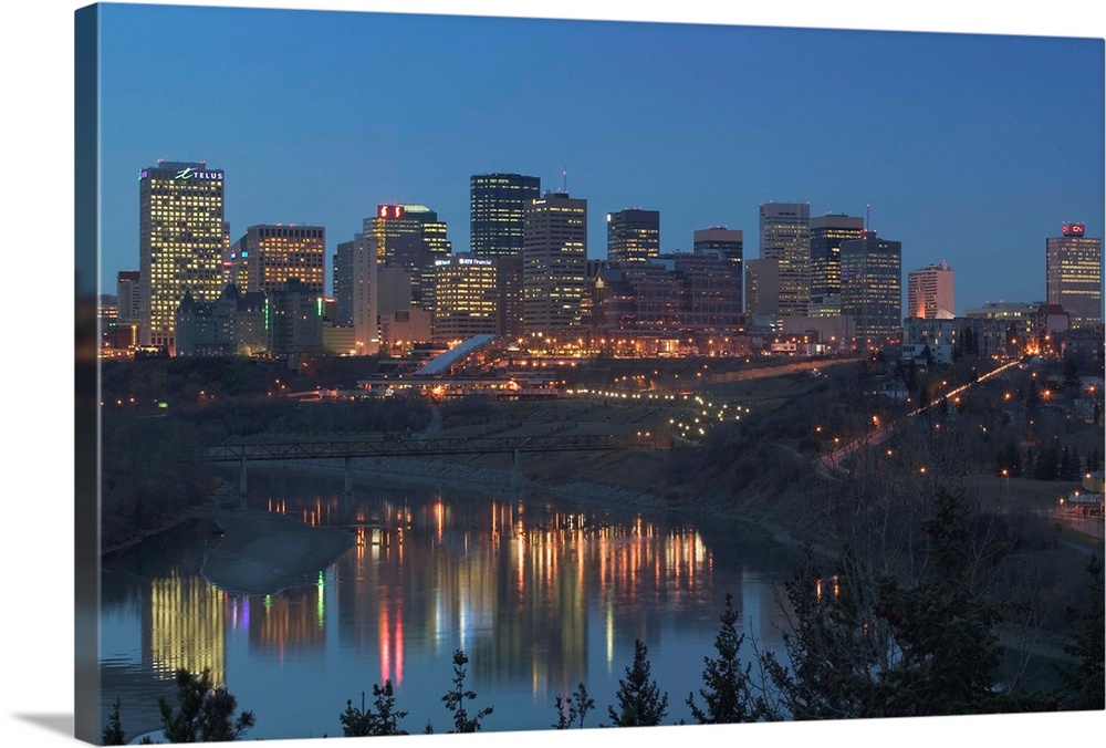 Alberta, Edmonton, Downtown Skyline, Evening from above North Saskatchewan River