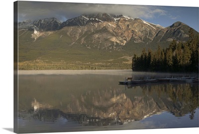 Alberta, Jasper National Park, Dawn Light on Pyramid Mountain and Pyramid Lake