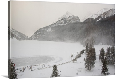 Alberta, Lake Louise, Fairmont Chateau, overview of frozen Lake Louise