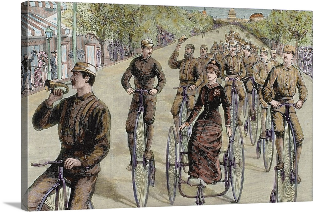 American League cycles in Pennsylvania Avenue. Mid May 1884. Washington, USA. Colored engraving.