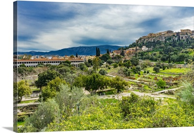 Ancient Agora Marketplace, Stoa Of Attalos Parthenon On The Acropolis, Athens, Greece
