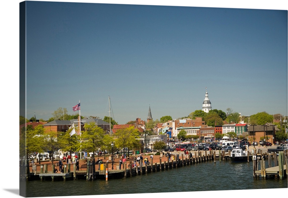 Annapolis city docks, viewed from mouth of Severn River, historic State Capitol Building in distance (also known as State ...