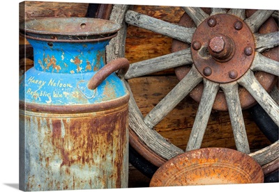 Antique Milk Can, Wagon Wheel And Gold Pan, Alaska