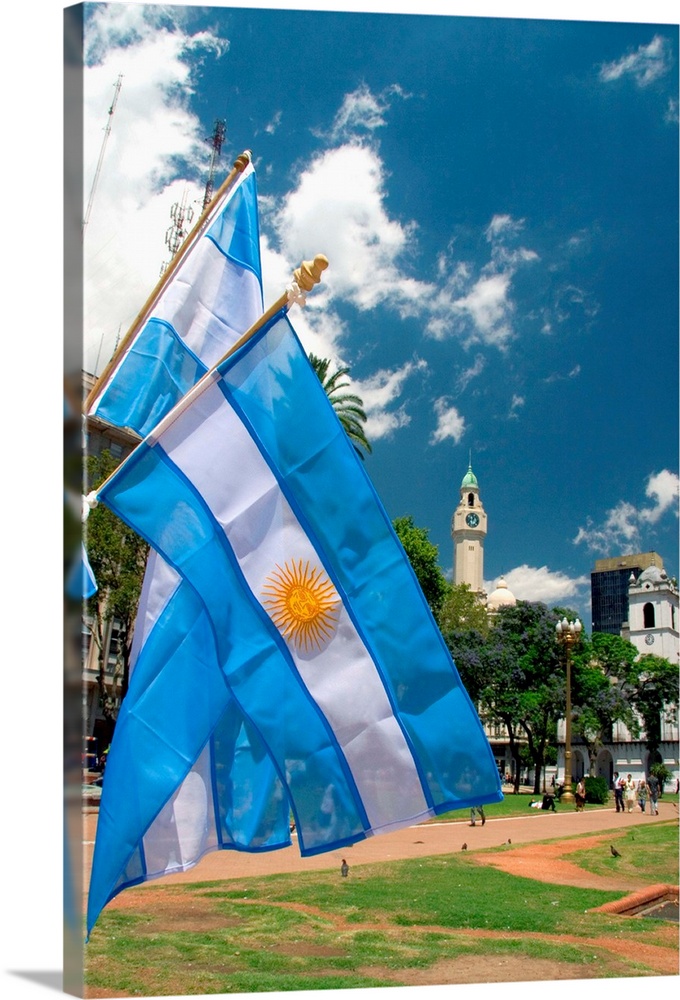 Argentina flags at the Plaza de Mayo in Buenos Aires, Argentina.