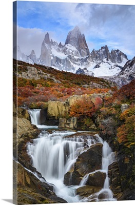 Argentina, Los Glaciares National Park, Mt. Fitz Roy And Waterfall In Fall
