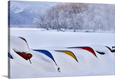 Asia, Japan, Hokkaido, Lake Kussharo, Colorful Canoes In The Snow